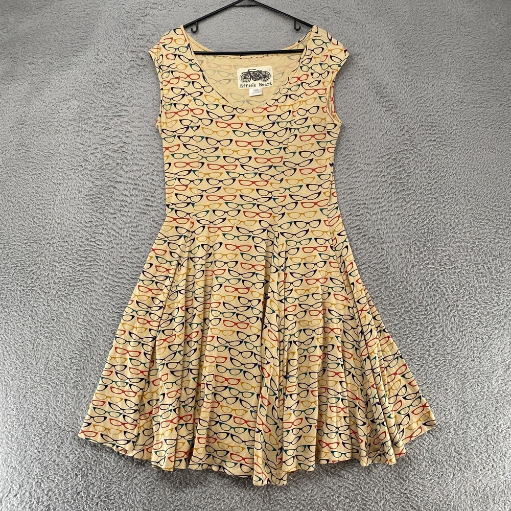 Effie's Heart Dress Womens L Glasses Print Fit Flare Novelty Teacher Retro Twee